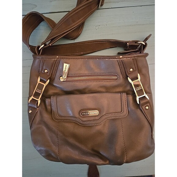 NWOT TYLER RODAN Chocolate Brown Purse, Black and Gold Detail Satchel Preowned - Picture 7 of 11